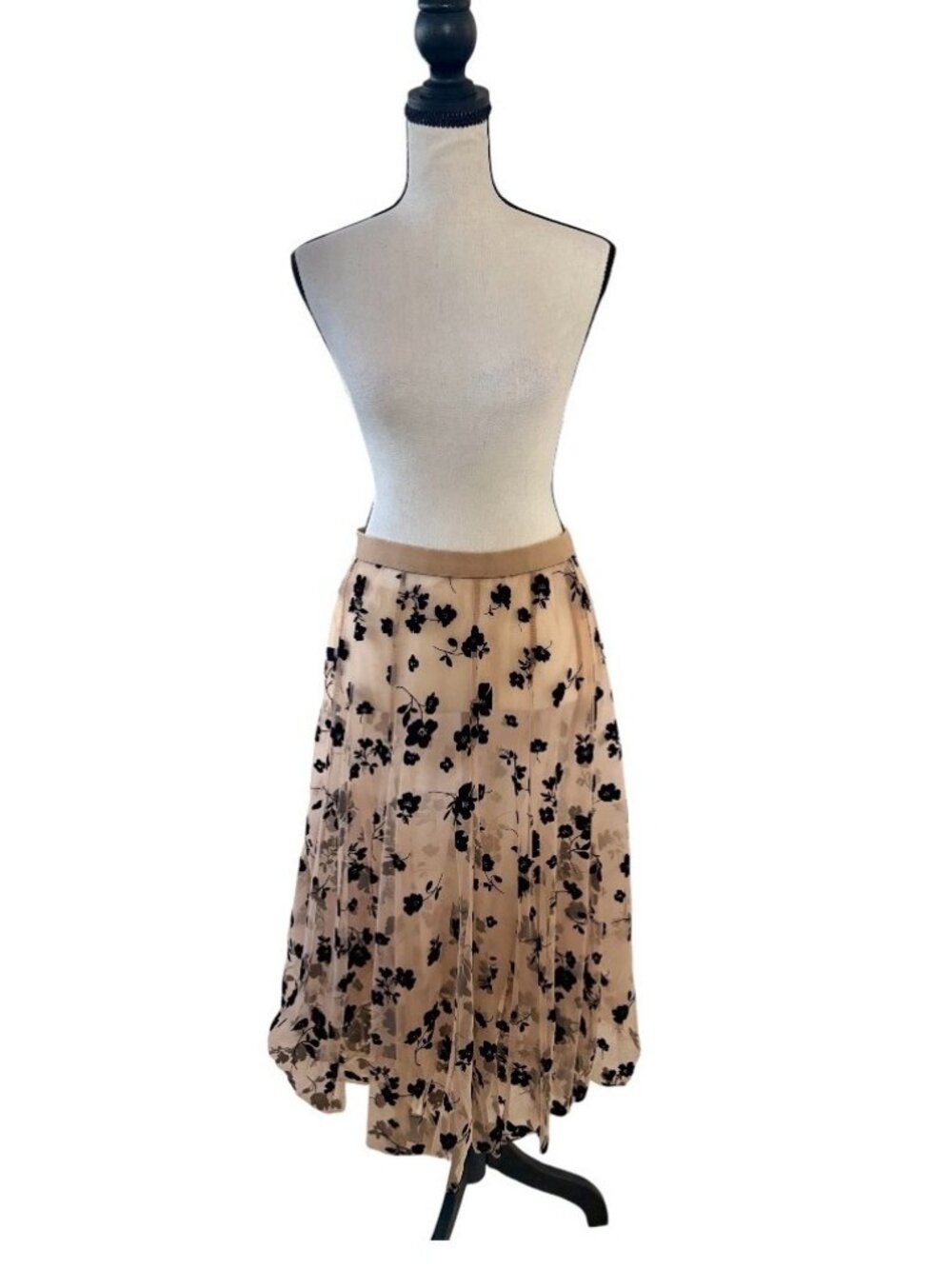 3D Posy Double Layered Mesh Sheer Midi Skirt Tulle Lining Flowy Coquette Grunge